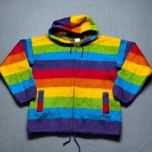 Yari Artesanias Rainbow Striped Wool Zip Up Hoodie Ecuador Mens Medium
